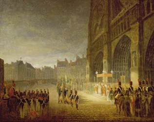 1804年のノートルダム正面の旗の祝福